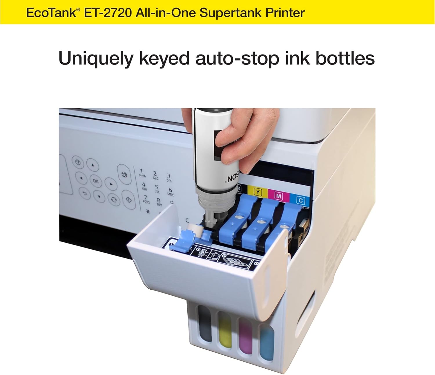 Epson EcoTank ET-2720 Wireless All-in-One Supertank Color Inkjet Printer, White - Print Scan Copy - 10.5 ppm, 5760 x 1440 dpi, 1.44" LCD, Voice Activated, Ethernet, Borderless Print (Renewed)