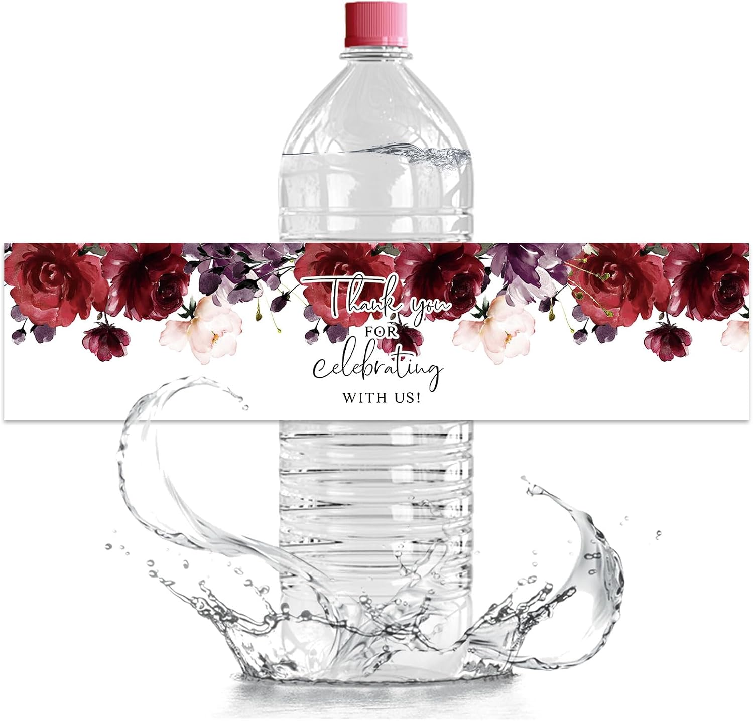 Red Flower Wedding Water Bottle Labels, 50Pcs Glossy Waterproof Wrappers Wraparound Label Thank You Stickers for Bridal Shower Birthday
