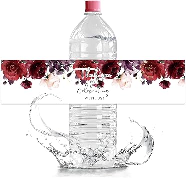 Red Flower Wedding Water Bottle Labels, 50Pcs Glossy Waterproof Wrappers Wraparound Label Thank You Stickers for Bridal Shower Birthday