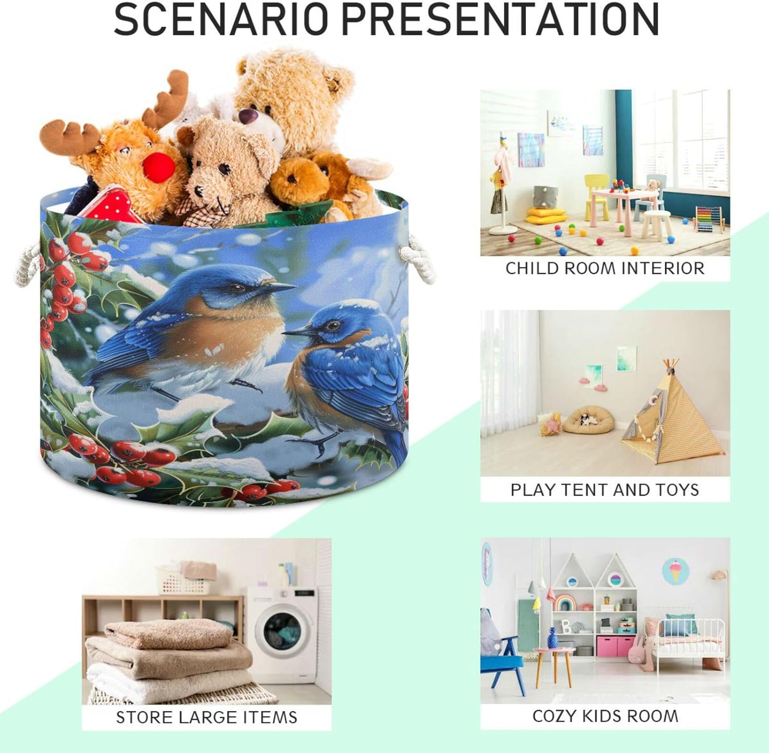 senya Winter Basket Storage, Blue Bird Evergreen Branch Snow Storage Bin Box Laundry Hamper Organizer Bag with Handles for Clothes
