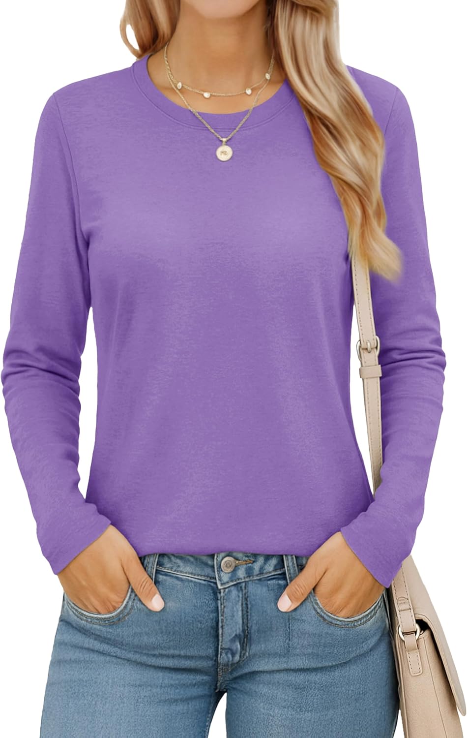 MAGCOMSEN Women's Long Sleeve Shirts Casual Crew Neck T-Shirt 2025 Basic Fall Tops Classic-fit Tee Breathable Cotton Top