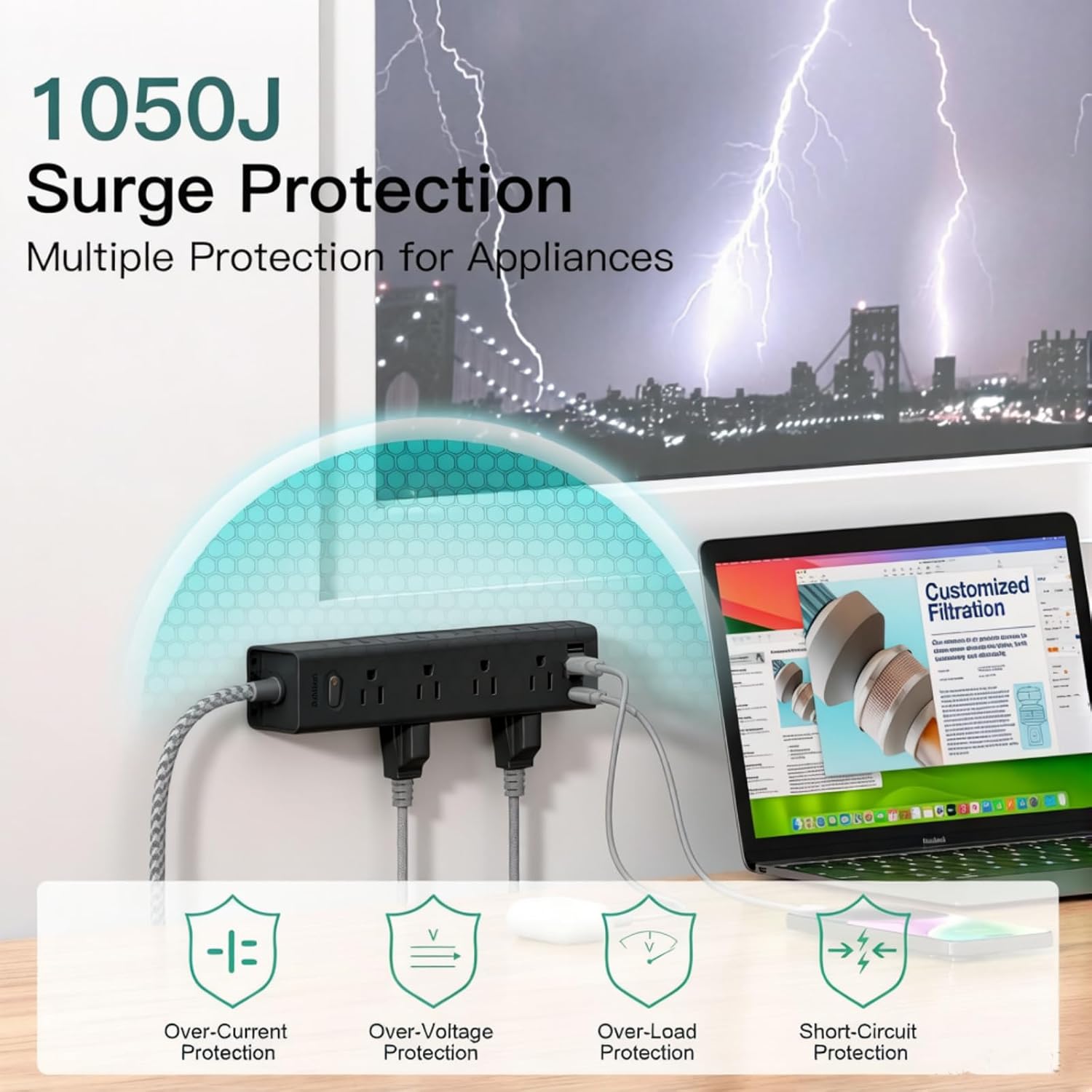 Addtam 10FT Power Strip Surge Protector, 12 Wide Spaced Outlets 4 USB Ports, Flat Plug Extension Cord, Wall Mount Outlet Extender, 1050J Protection for Desk Office Gaming, ETL Listed, Black