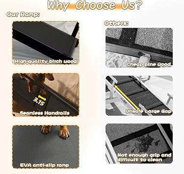 61 Dog Ramp for Bed with Rest Platform & Glow Strips, 20 Gentle Slope, EVA Non-Slip Surface, Removable Safety Rails, Birchwood Solid Wood, for Small, Large & Senior Dogs, Joint Protection, Black