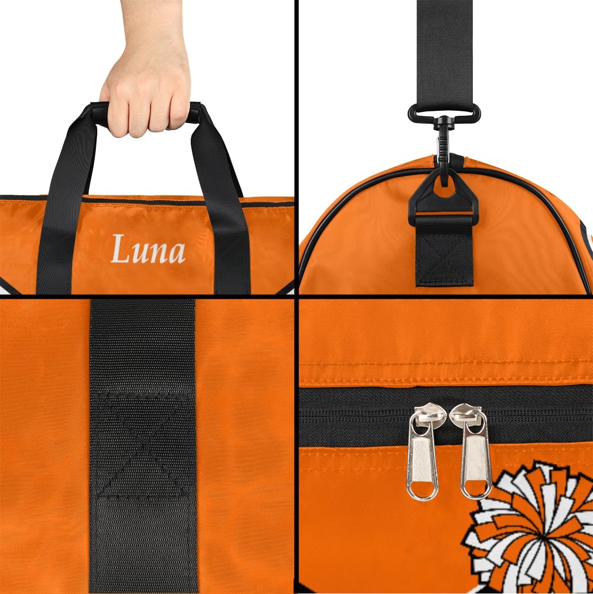 Personalized Cheerleaders Duffel Bag for Girl Women, Custom Name Sport Gym Bag with Shoes Compartment Dance Bag Yoga Overnight Weekender Bag Orange Black White Cheer