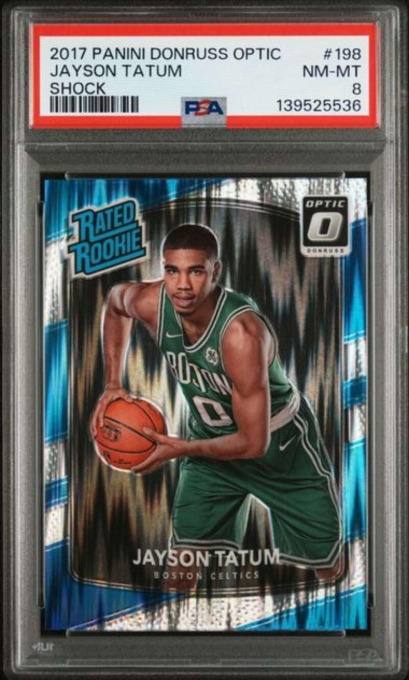 PSA NEAR MINT-MINT 8 139525536 2017 PANINI DONRUSS OPTIC 198 JAYSON TATUM SHOCK Official Basketball Card Professionally Graded by PSA