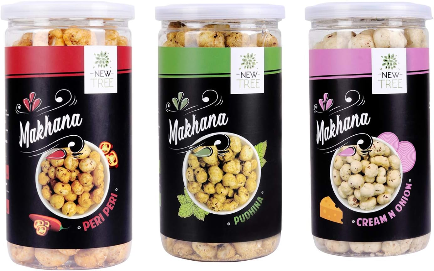 New Tree Jumbo Makhana Pudina 85g,Jumbo Makhana Peri Peri 85g, Jumbo Makhana Cream n Onion 85g Combo OF 3 [ Total Weight : - 255gm ]