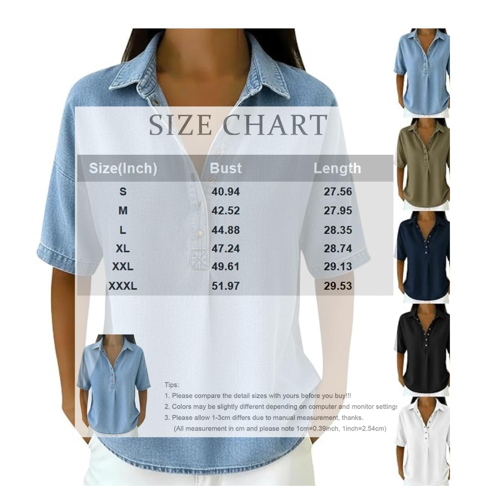Blusa vaquera para mujer, estilo retro, cuello en V, manga corta, vaquera, holgada, de verano