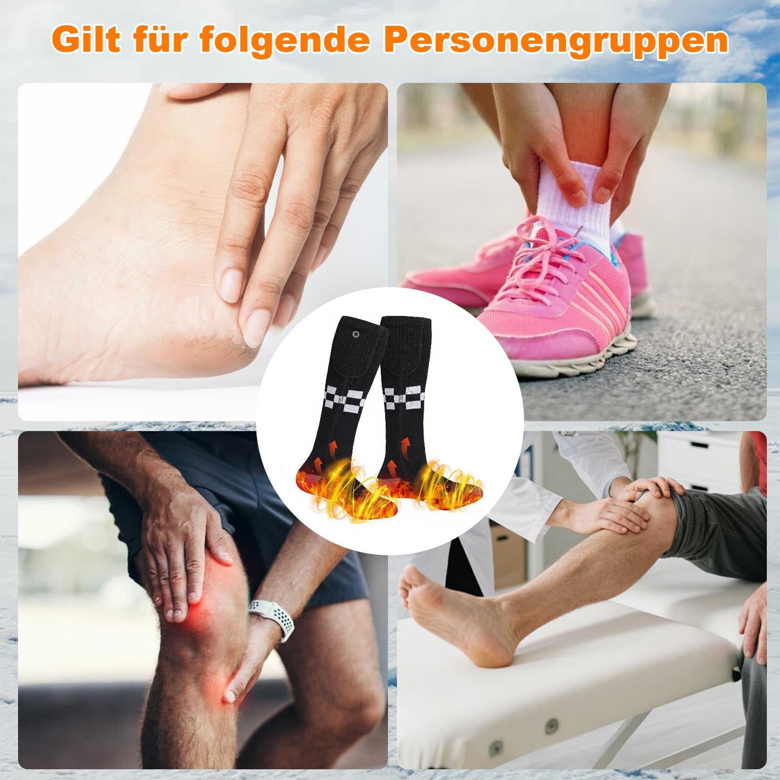 Chaussettes Chauffantes Unisexe Chauffage à 360°, 5000mAh Chaussette Chauffante Rechargeables 3 Températures, Semelle dos pieds chauffée double face, Lavables pour la Chasse d'hiver/Camping/À pied