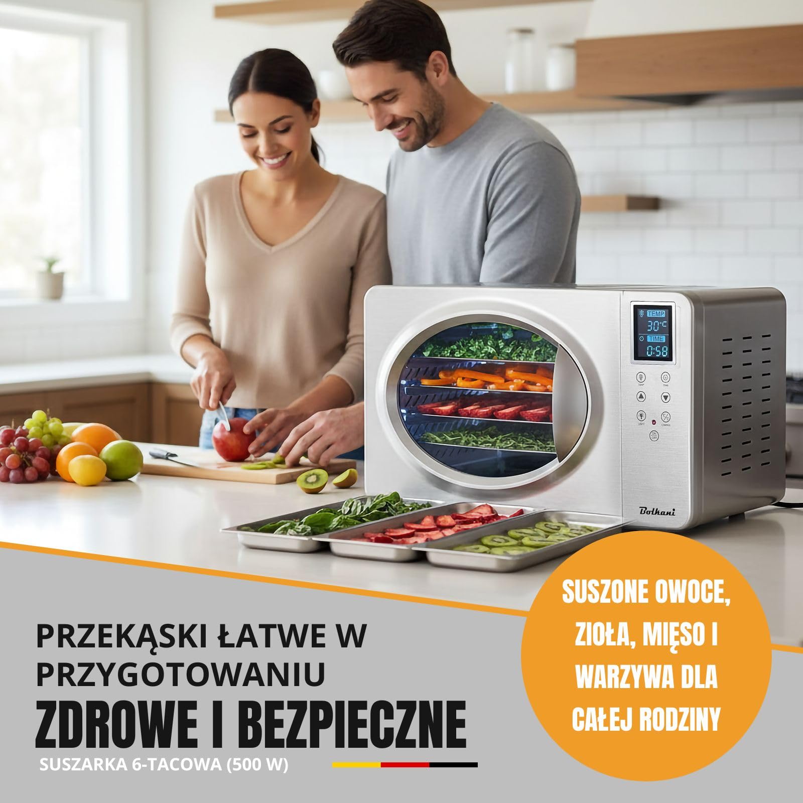 suszarka do żywności ze stali nierdzewnej, 6 tacek, 500 W, wyświetlacz LED, 20 – 90 °C, 24-godzinny timer, cicha praca, łącznie z tacką ociekową i matą osuszającą do owoców i mięsa