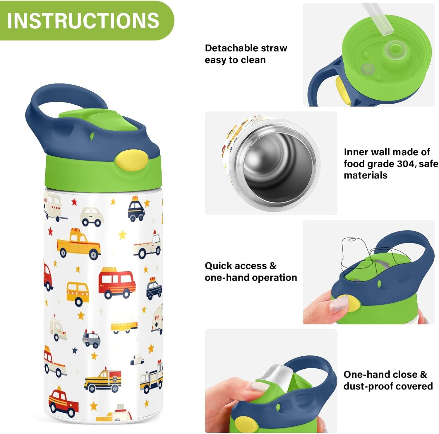 Pigsaly Kids Insulated Water Bottle Fire Truck Police Car 12oz Stainless Steel Vacuum Insulated Tumbler With Handle Double Wall Vacuum Travel Coffee Mug Toddler Cup For Boys Girls Gifts