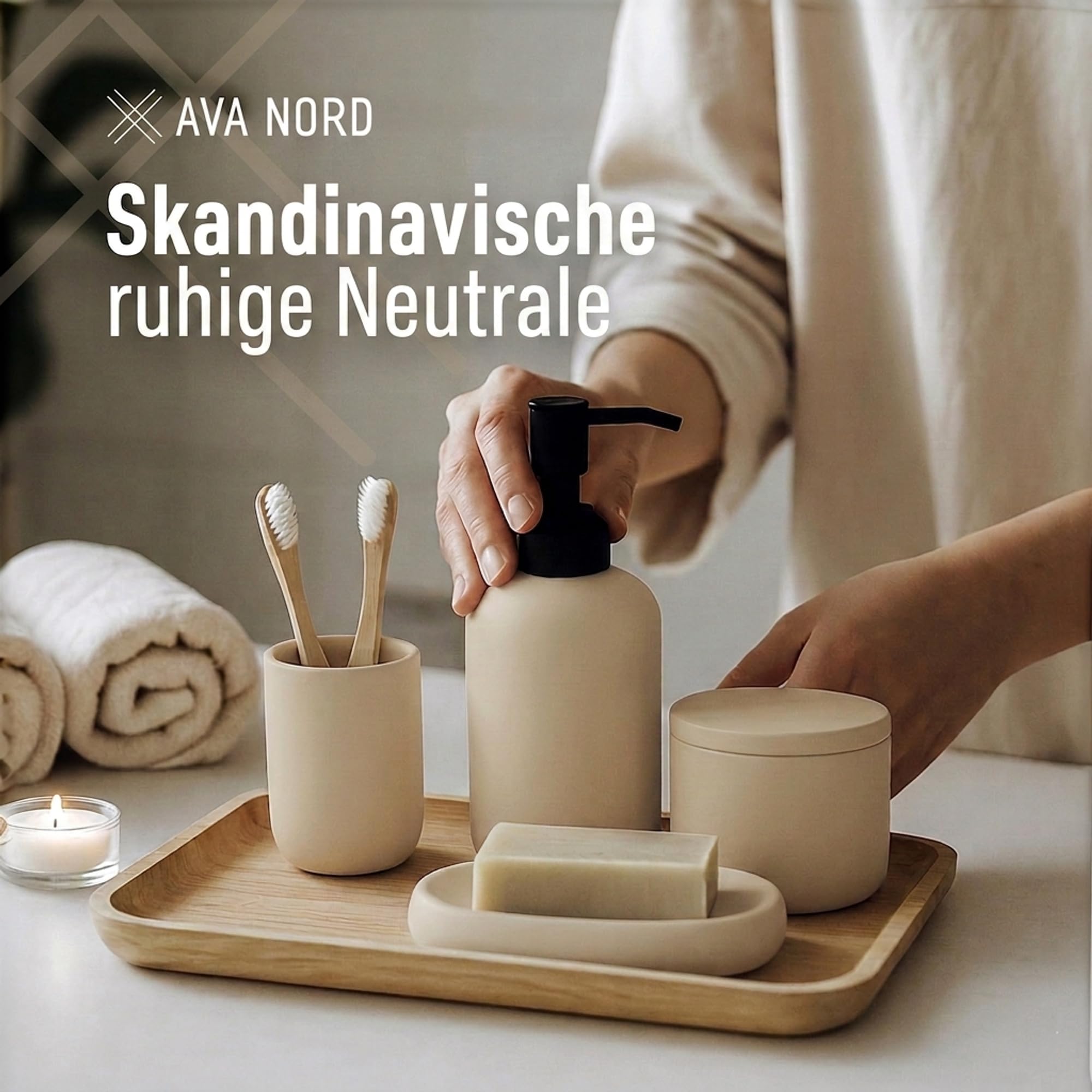 Keramik Badezimmer Organizer Set - 4 Teilig | Seifenspender, Zahnbürstenhalter, Seifenschale & Wattestäbchen-Behälter | Modernes Skandinavische Design | Minimalistisches Badezimmer Accessoire | Beige