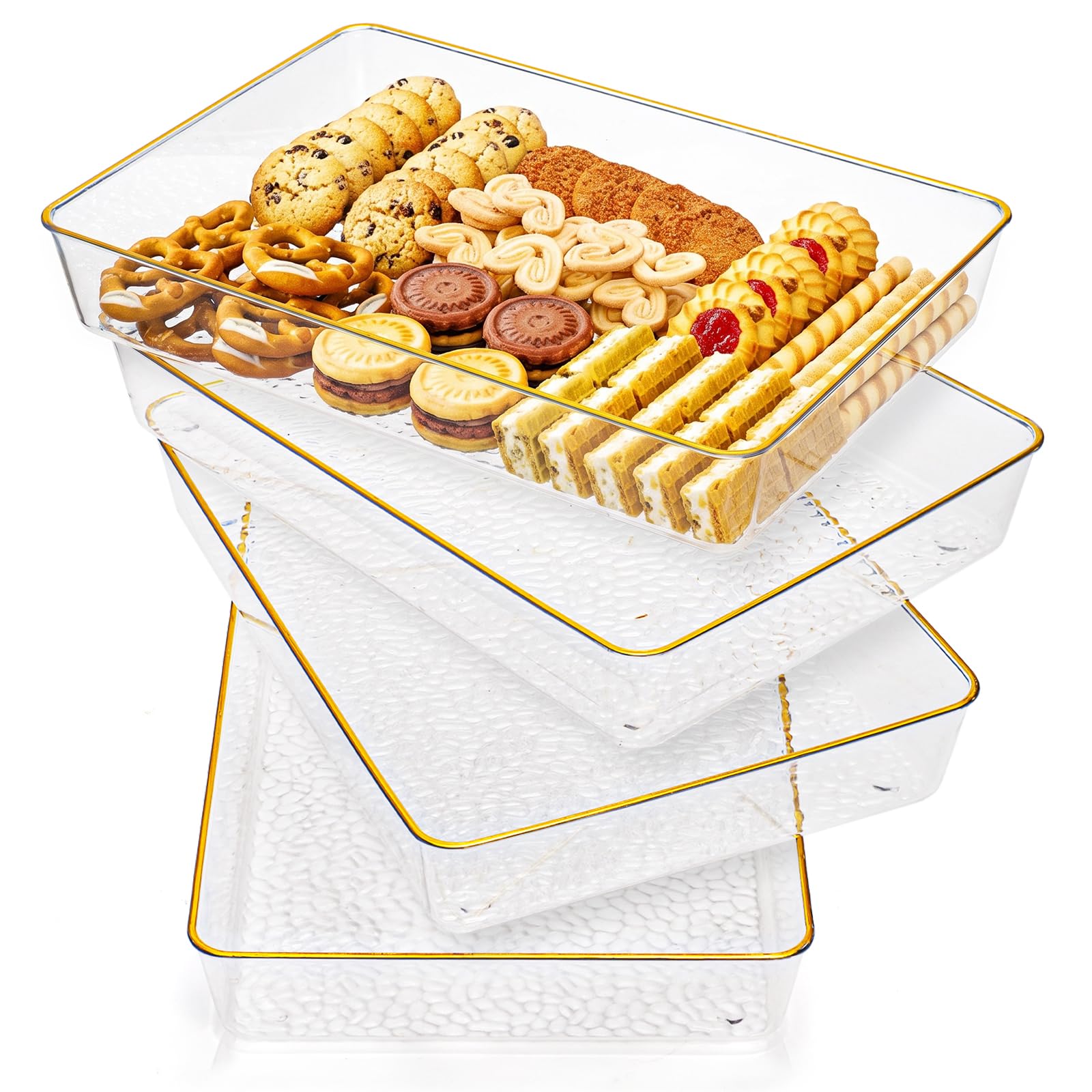 Cididu 4 Pack Clear Serving Trays, Deep Serving Platters Rectangle 30.5 x 20.5 cm, Decorative Tray with Gold Rim, Reusable Plastic Tray Organizer for Coffee Table Pantry Party Food Display Spill Proof