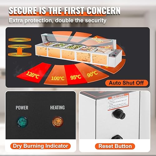 Vista 4 de VEVOR Calentador de alimentos comercial de 5 bandejas, mesa de vapor eléctrica de 5 x 12 cuartos de galón con cubierta de vidrio, encimera de 1700 W