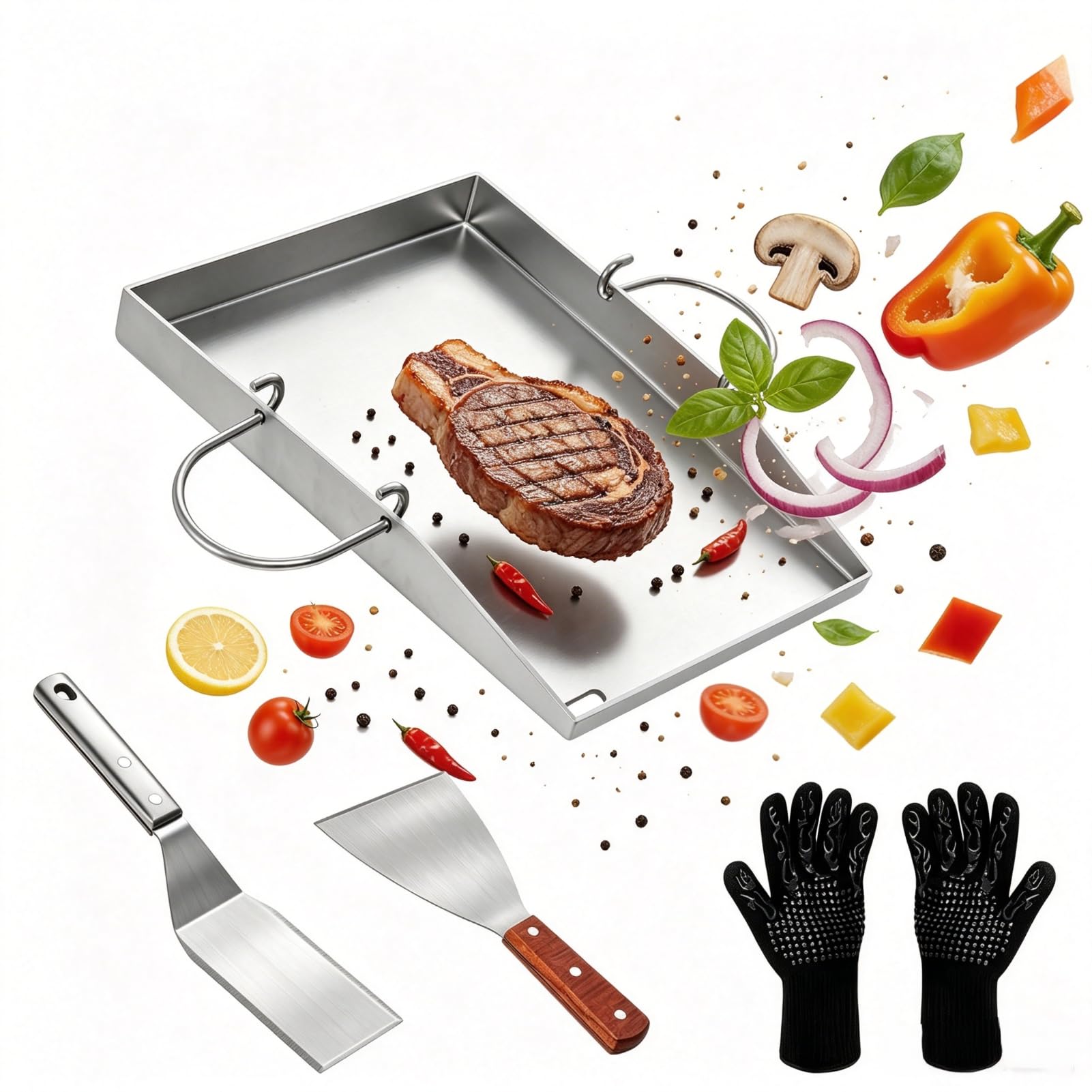 40x30cm Plancha Grillplatte Set, 2 Spachteln + 1 Paar Grillhandschuhe, 4mm Dicke Grillplatte Gasgrill mit Fettablauf, Grillschale Edelstahl für Gas und Holzkohlegrills