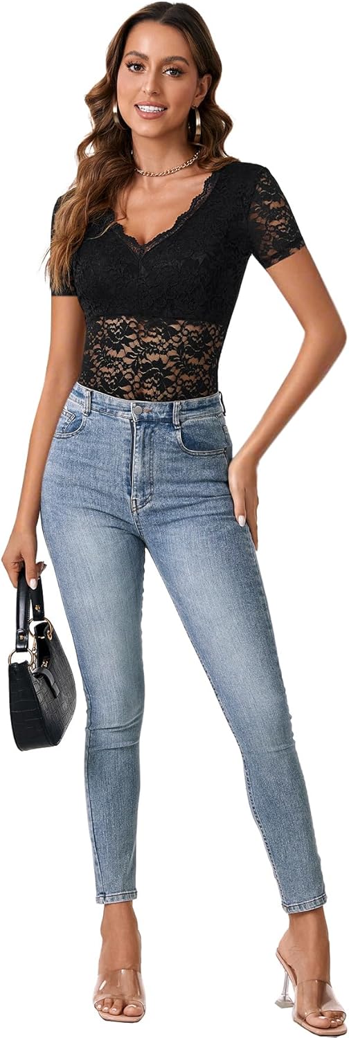 Rooscier Women's Floral Lace Sheer V Neck Short Sleeve Sexy Going Out Bodysuits Top Leotard - Image 6