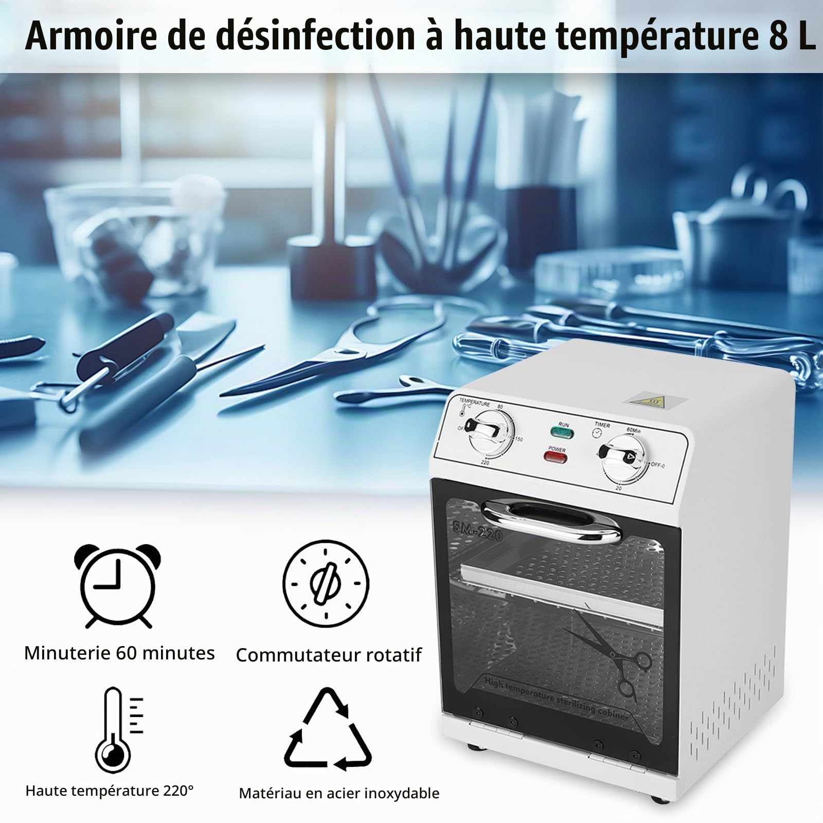Désinfection par Stérilisateur à Air Chaud, 600W 8L 220℃ Stérilisateur à Chaleur Sèche Stérilisateur à Haute Température Stérilisateur à Ongles avec Minuterie et Voyant Lumineux pour Salon Coiffure