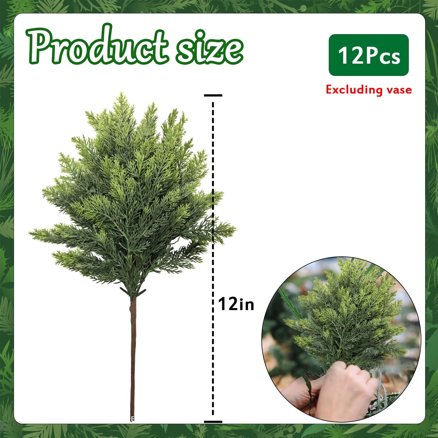 Orgrimmar 12 Pcs Christmas Real Touch Cedar Branches- 18" Artificial Christmas Fake Pine Picks Faux Greenery Stem,Ideal for DIY Crafts, Wreaths & Garland, Indoor/Outdoor Holiday Decor - Image 3