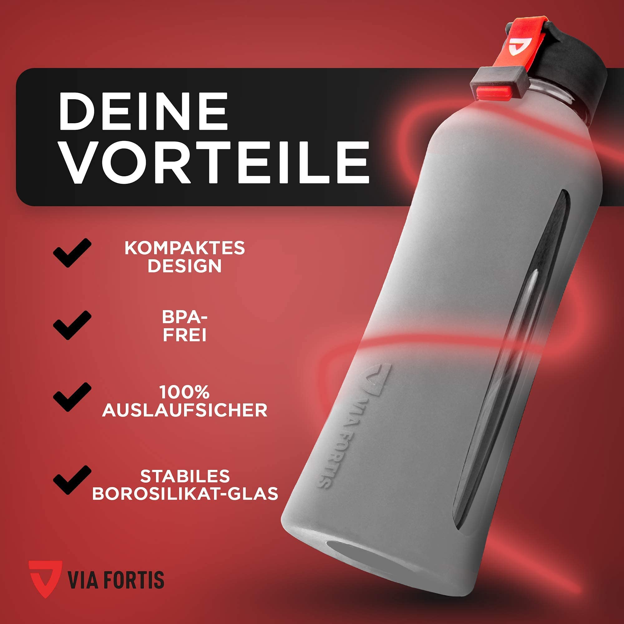 VIA FORTIS® Szklana butelka z wysokiej jakości silikonowym pokrowcem - Butelka na wodę do sportu, fitnessu, siłowni, rowerów i biura - Niełamliwa i wolna od BPA - 550ml