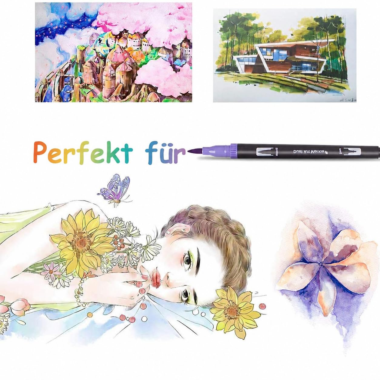 Filzstifte Dicke und Dünne 132 Farben, Dual Brush Pen Set mit Fineliner, Pinselstifte für Erwachsene im Etui, für Handlettering, Kalligraphie & Manga