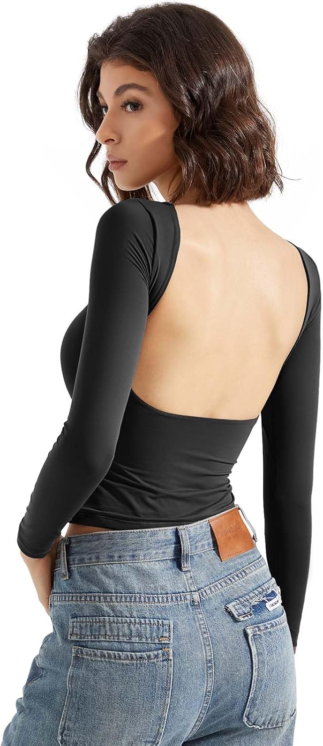 SUUKSESS Women Backless Going Out Tops Double Lined Open Back Basic Long Sleeve - Image 3