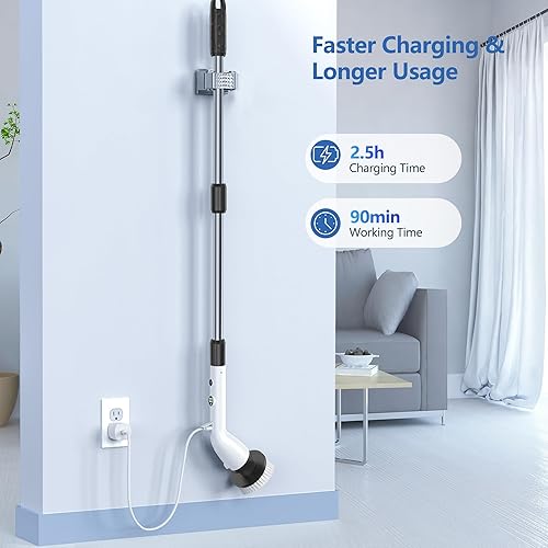 Miniatura 4 de Limpiador eléctrico giratorio, cepillo de limpieza con 8 cabezales de cepillo, pantalla LED impermeable IPX7, mango de extensión ajustable para