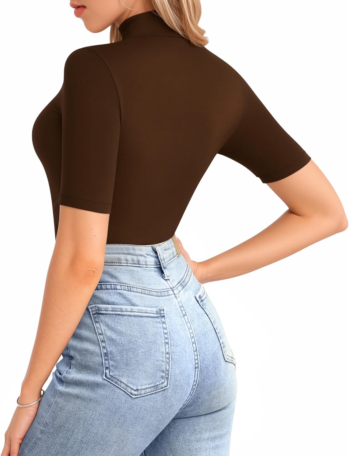 MANGOPOP Womens Mock Turtle Neck Bodysuits Half Elbow Short 3/4 Sleeve Bodysuit for Going Out - Image 3