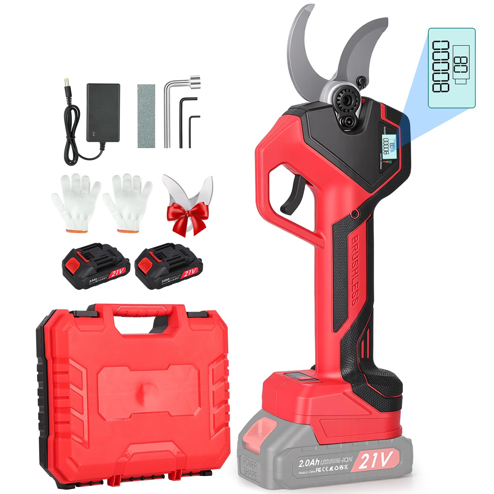 40mm Forbici Potatura a Batteria: Forbice potatura a batteria con 2 Batterie 2000mAh 21V, con Lame in Acciaio SK7 e Display LED, Cesoie a Batteria per Potatura per Potatura Giardino, Olivo, Ulivo