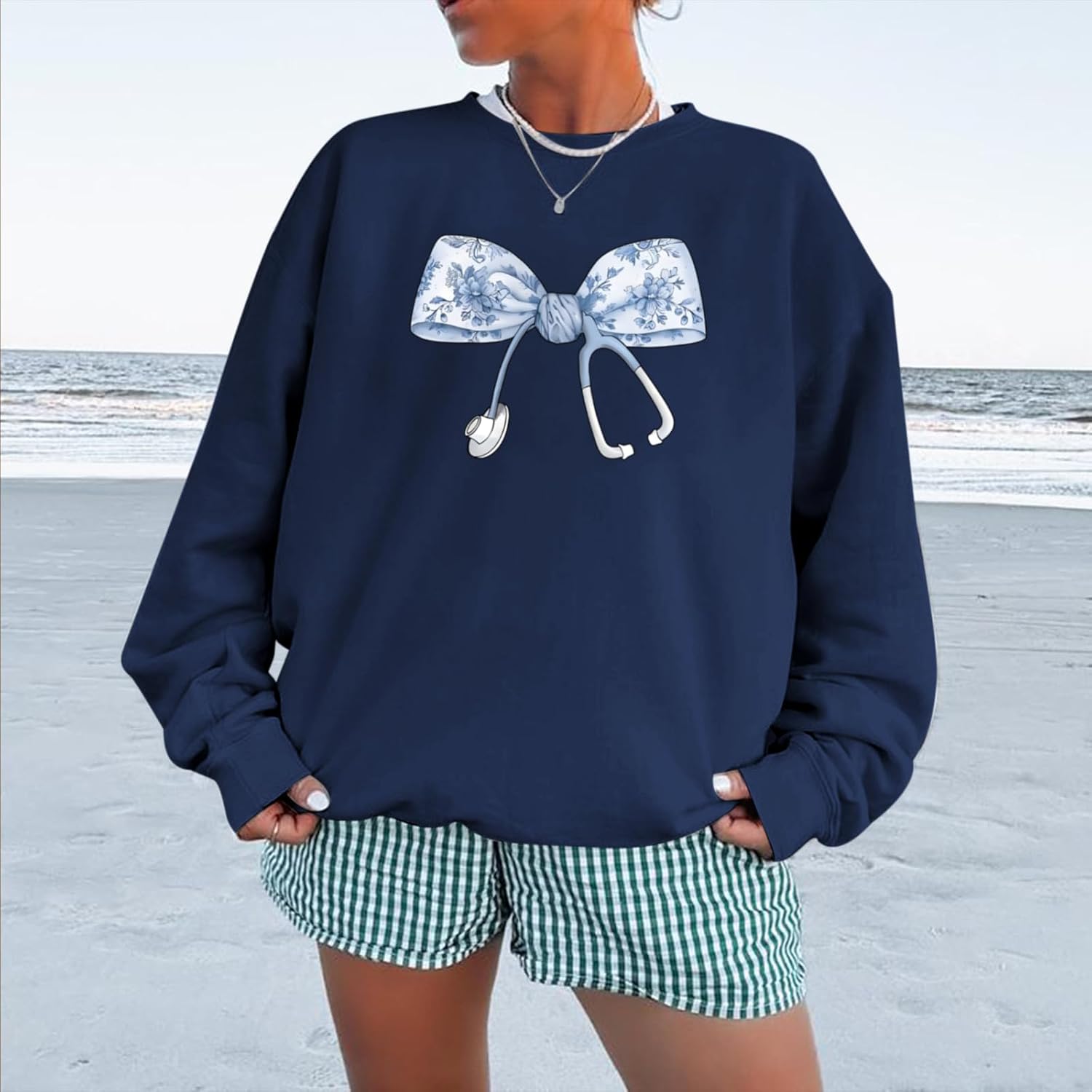 Nurse Sweatshirts for Women Bow Stethoscope Sweatshirt Floral Flower Long Sleeve Shirts Graphic Crewneck Pullover