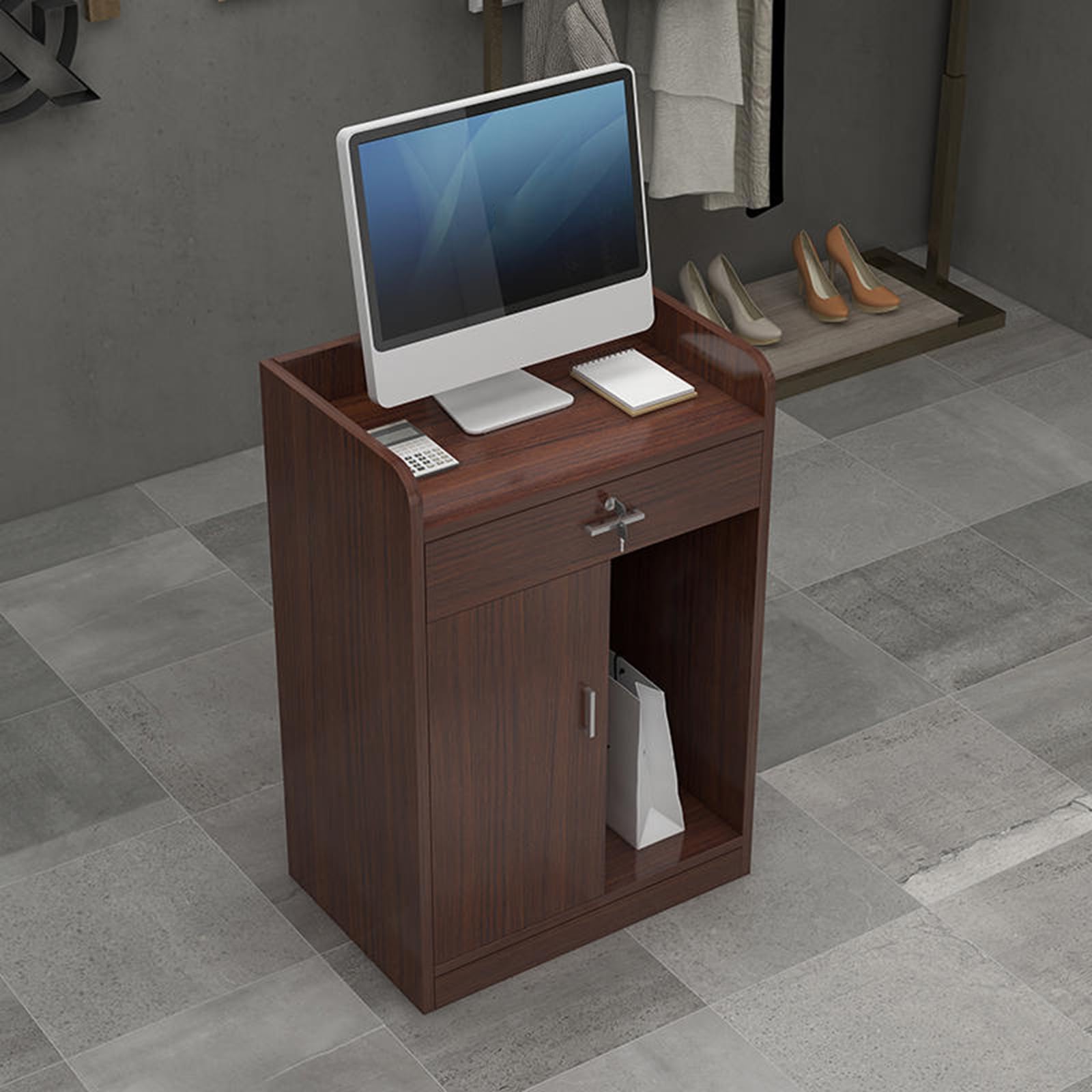Comptoir de réception d'angle moderne avec tiroir verrouillable et armoire de rangement - Table de caisse élégante et fonctionnelle pour magasin de hall d'entrée - Couleur teck, 24 x 16 x 36