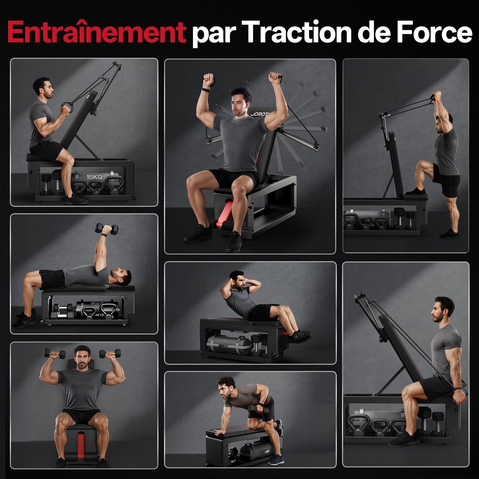 JOROTO MD85 Banc de Musculation Réglable avec Rangement Intégré, 990LBS/450KG Capacité Banc Musculation Multifonction, Bras de Traction 9 Positions et Dossier 7 Positions Banc Abdominauxde Inclinable