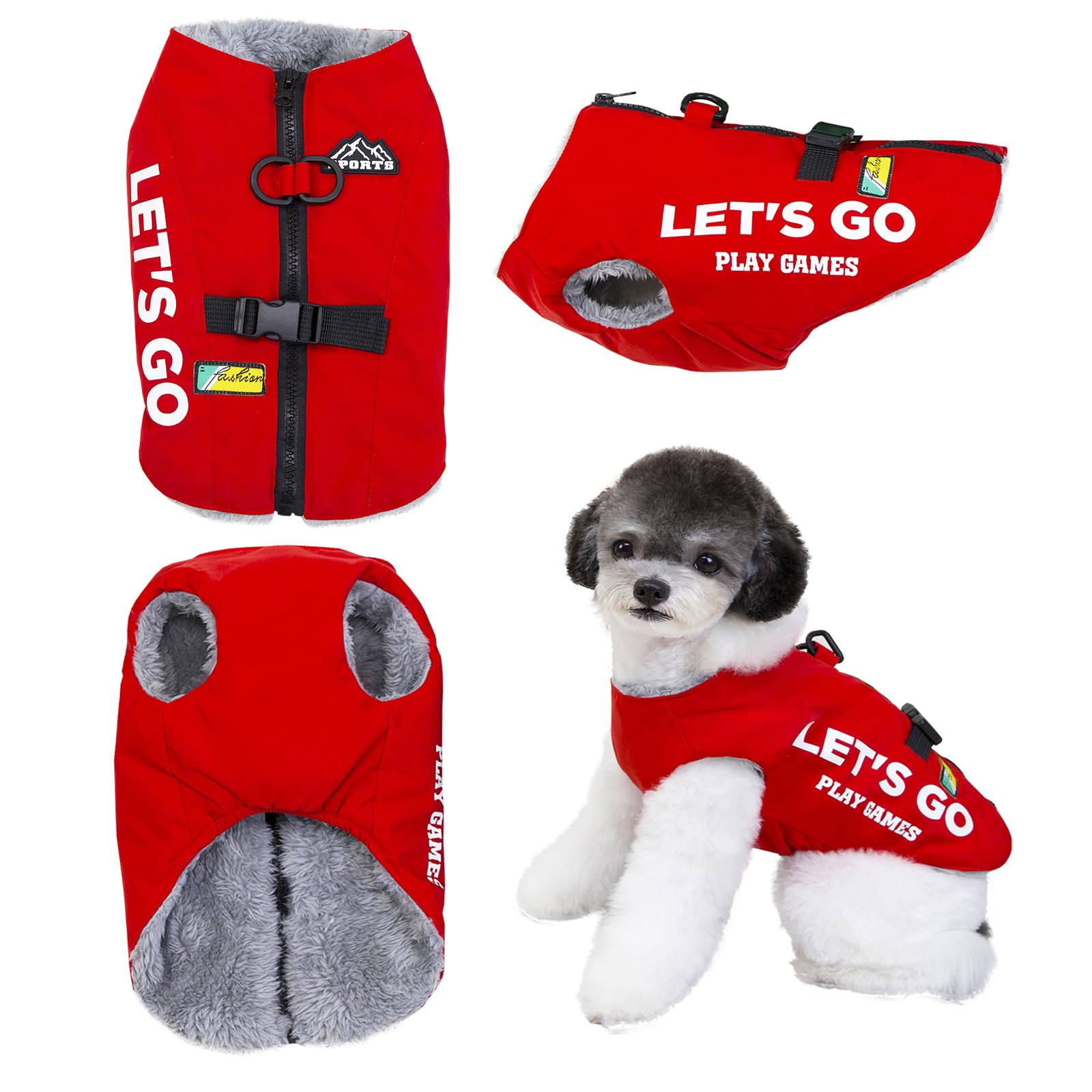 Izefia Dog Coat Pet Apparel Cold Weather Coats Outdoor Sport Jacket Fleece Lining Warm Sweater Winter Thick Clothes Letβs Go Mountaineering Vest Coat for Small Dog Medium Cat Red M