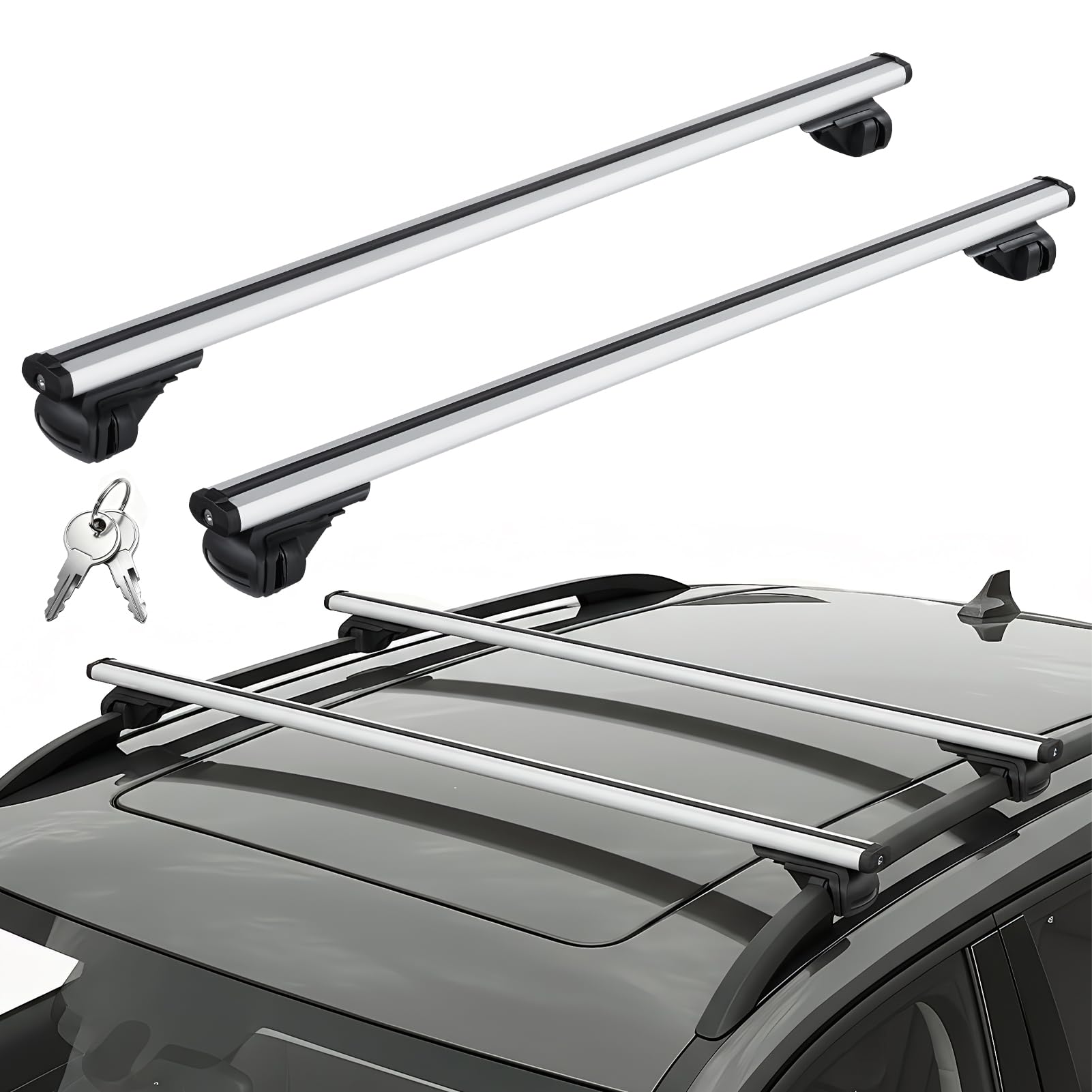 47,2" Barras Transversales Ajustables, Capacidad Carga 100kg, Baca Coche Universal Aluminio con Dispositivos Antirrobo, Portaequipajes para SUV con Rieles Laterales Elevados