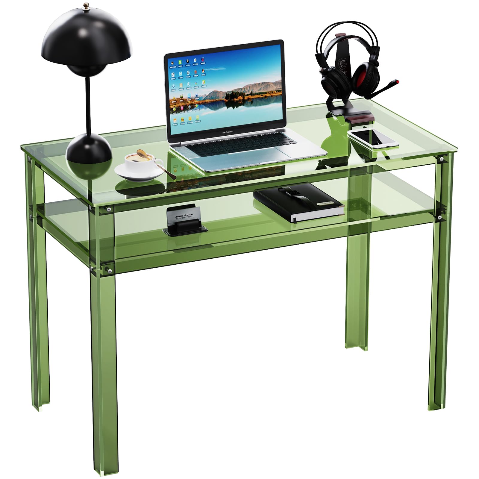 solaround Clear Acrylic Desk with Open Storage Home Office Computer Writing Desk Office Study Table Green 39 4