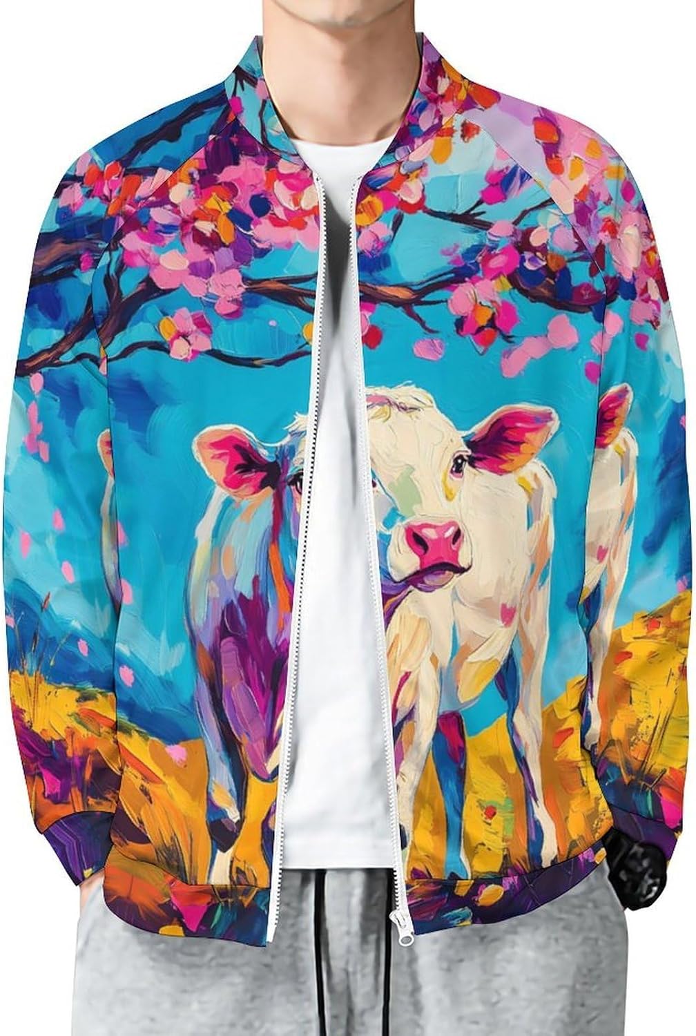 Cow And Flower Men's Zip Up Sweatshirt Casual Sweater Jackets Long Sleeve Tops Lightweight Coat