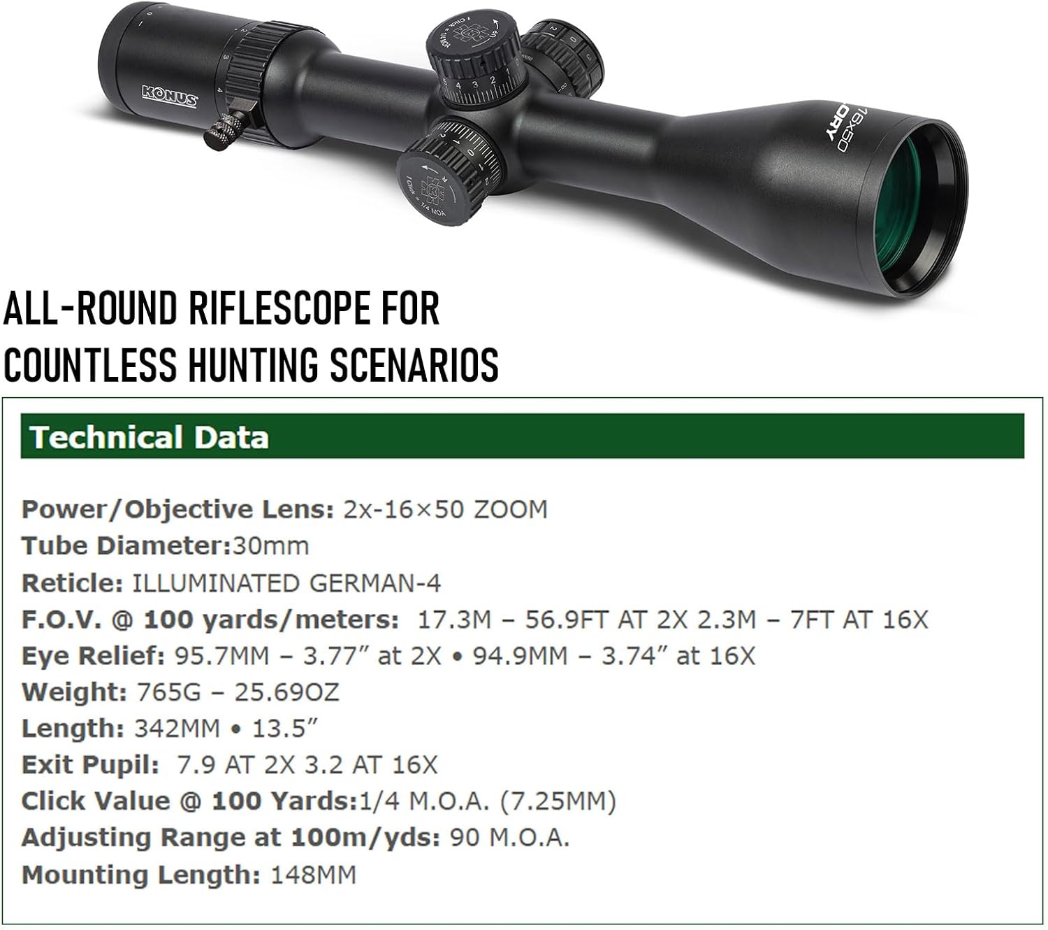 KONUS Glory Riflescope | Fully Multi-Coated Optics for Hunting & Shooting | Locking Turrets, Illuminated Reticle, Long Eye Relief, Side Parallax Wheel, Removable Zoom Lever & Sunshade