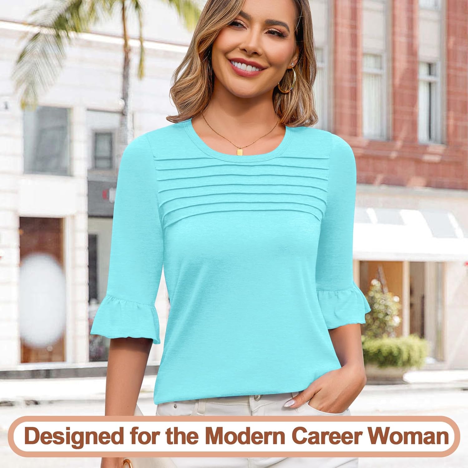 Blingfit Womens Tops 3/4 Length Sleeve Dressy Casual Shirts Bell Sleeve Front Pleated Fasion Trendy Summer Blouses 2026 - Image 2