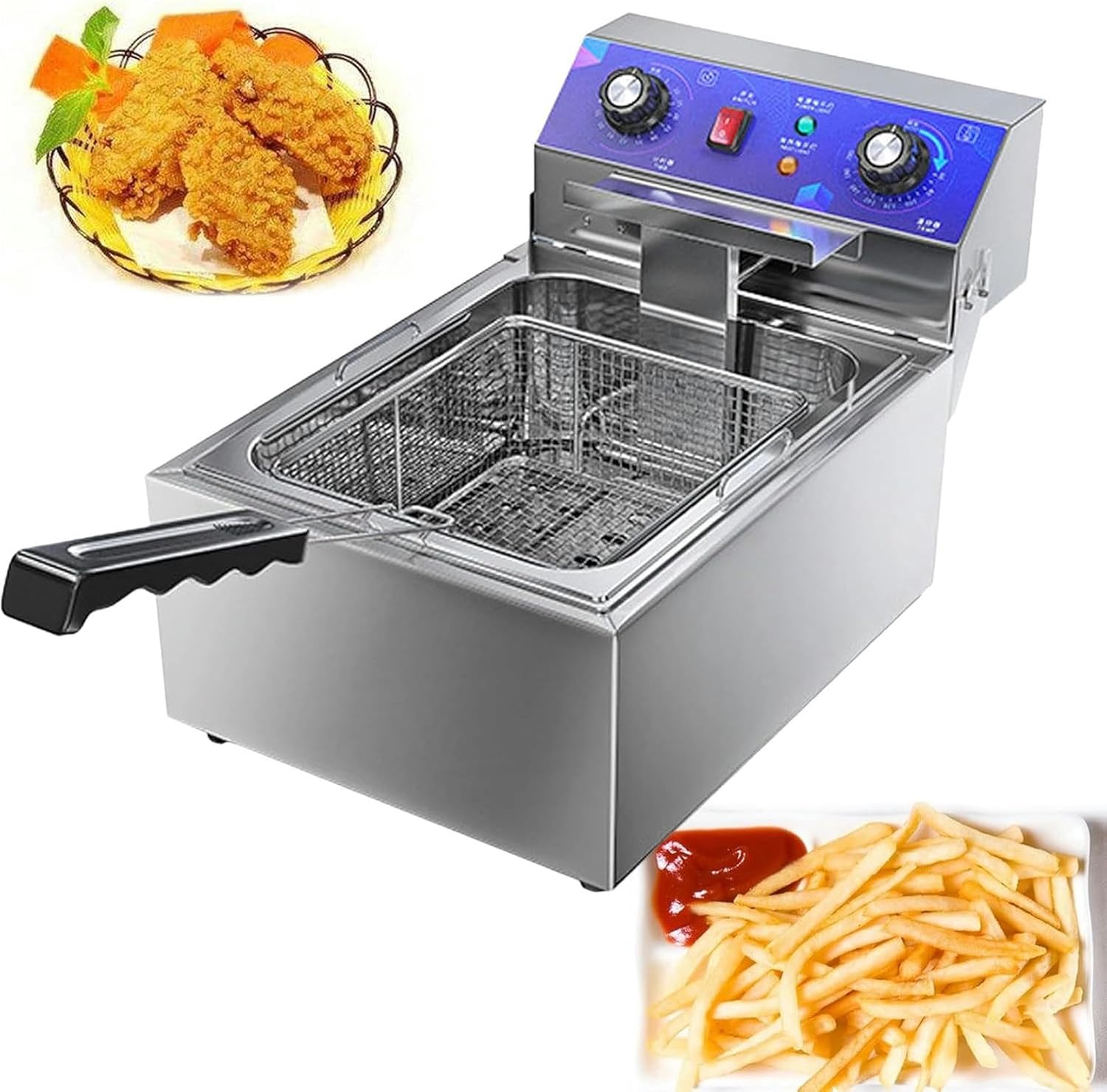 Deep Fryer Stainless Steel Tank Chip Fryer for Home Commercial, Fat Fryer with Removable Basket and Professional Heating Element, Large Electric Fryer for French Fries Chicken Shrimp,19L