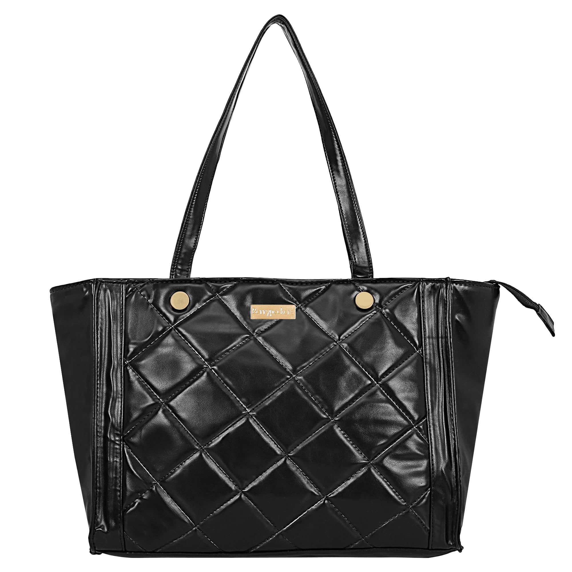 Quilted Tote with Zipper, Black-image-31