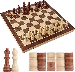 Creechwa Wooden Chess and Checkers Set, 2 in 1 Folding Chess Board, Portable Travel Chess Game Board with 2 Extra Queens and Checkers Pieces, Beginner Chess Set