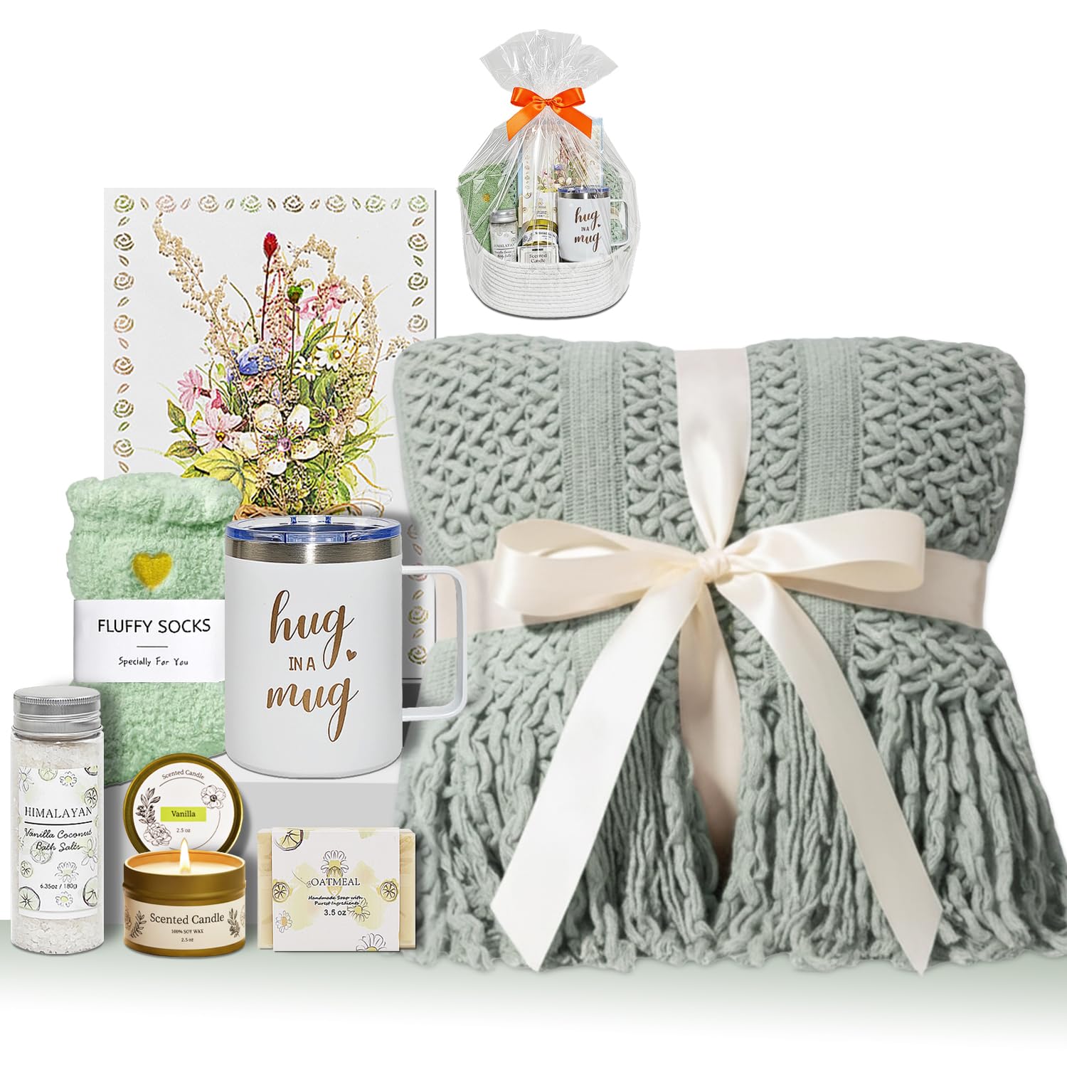 8 Pcs Gift Baskets for Women, Birthday, Self Care, Thank You, Get Well Soon, Unique Spa Gifts Set for Mom, Her, Sister, Wife, Friends, Christmas, Small Woven Basket with Gift Bags (Sage Green)