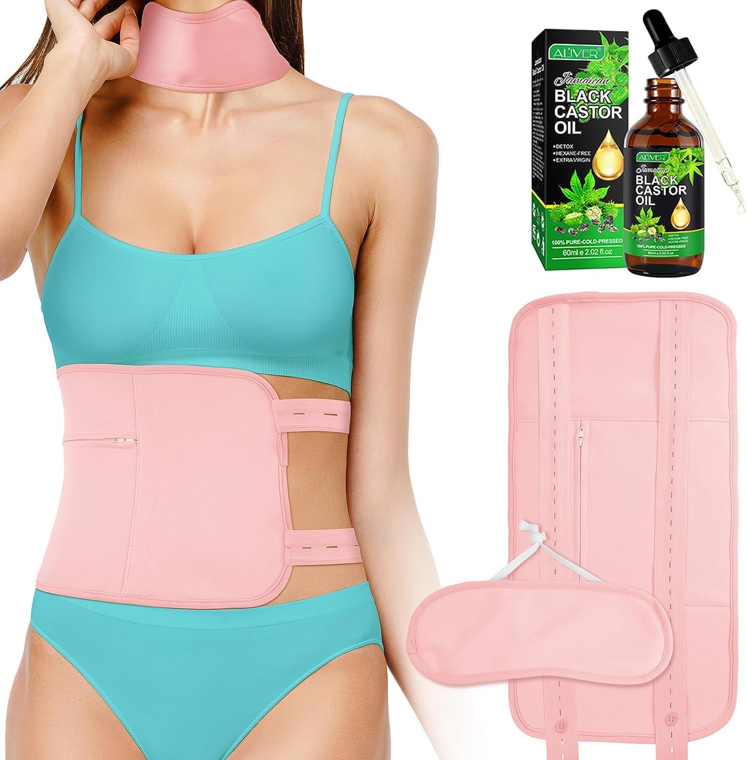 Castor Oil Pack for regulating stools,Less Stress, Deeper Sleep, Reusable Castor Oil Pack Wrap for Liver, Castor Oil Packs for Liver Waist and Neck Wrap (Pink+Oil)