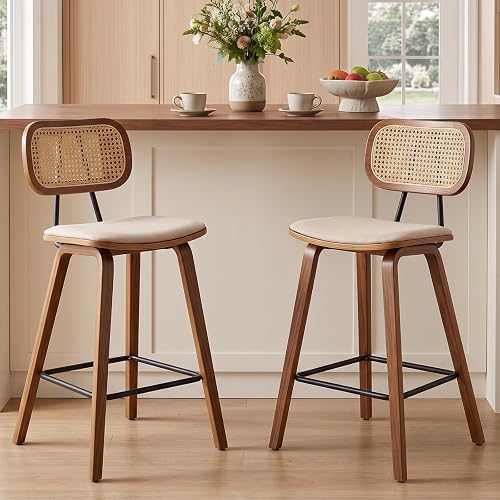 Lot de 2 chaises de bar vintage bois et rotin