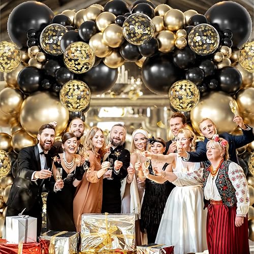 Miniatura 6 de Kit de arco de guirnalda de globos negros y dorados de 155 piezas con globos de confeti dorado para graduación, Año Nuevo, cumpleaños, boda,