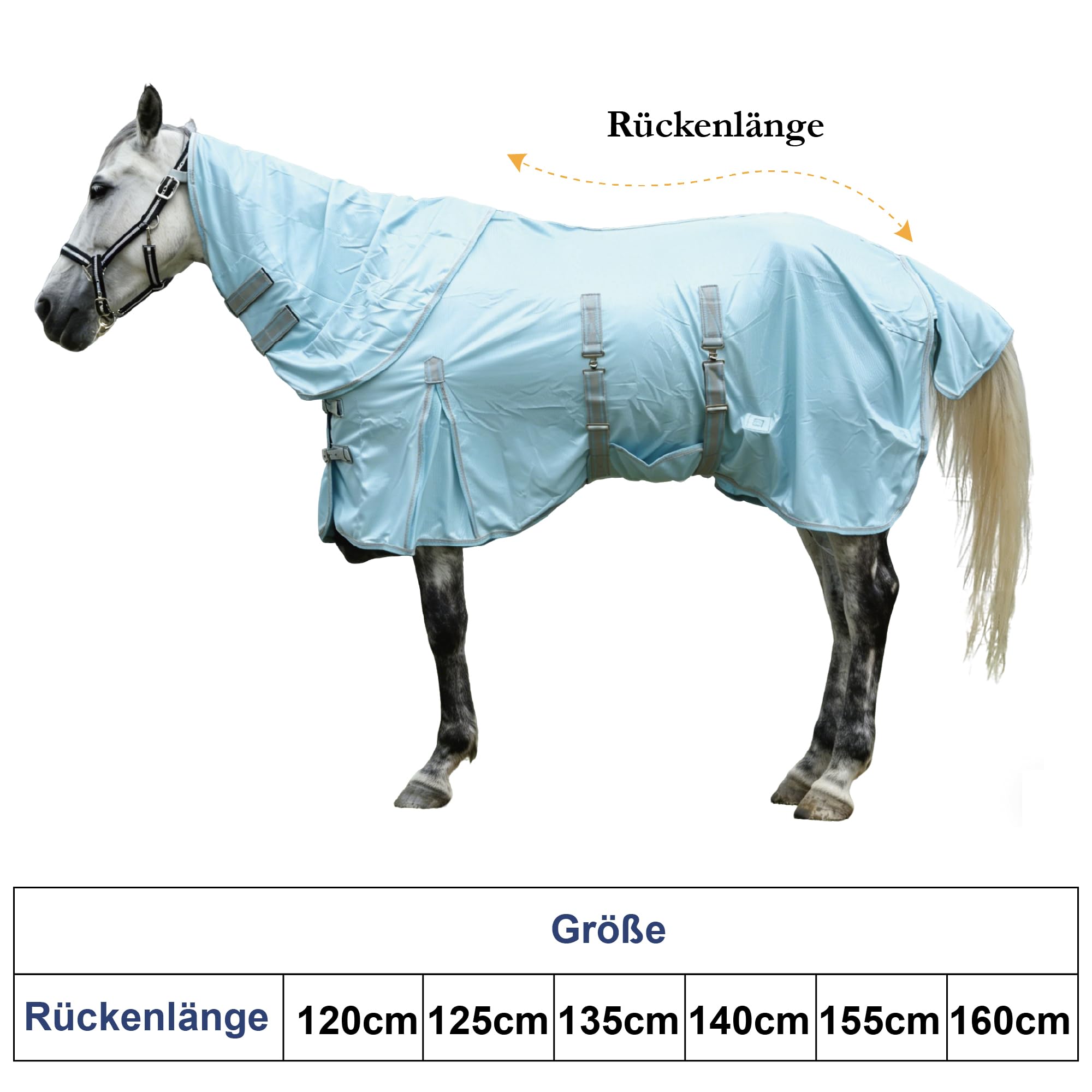 Manta antimoscas para caballos con parte del cuello, transpirable, ligera y resistente al desgarro, color azul, 155 cm