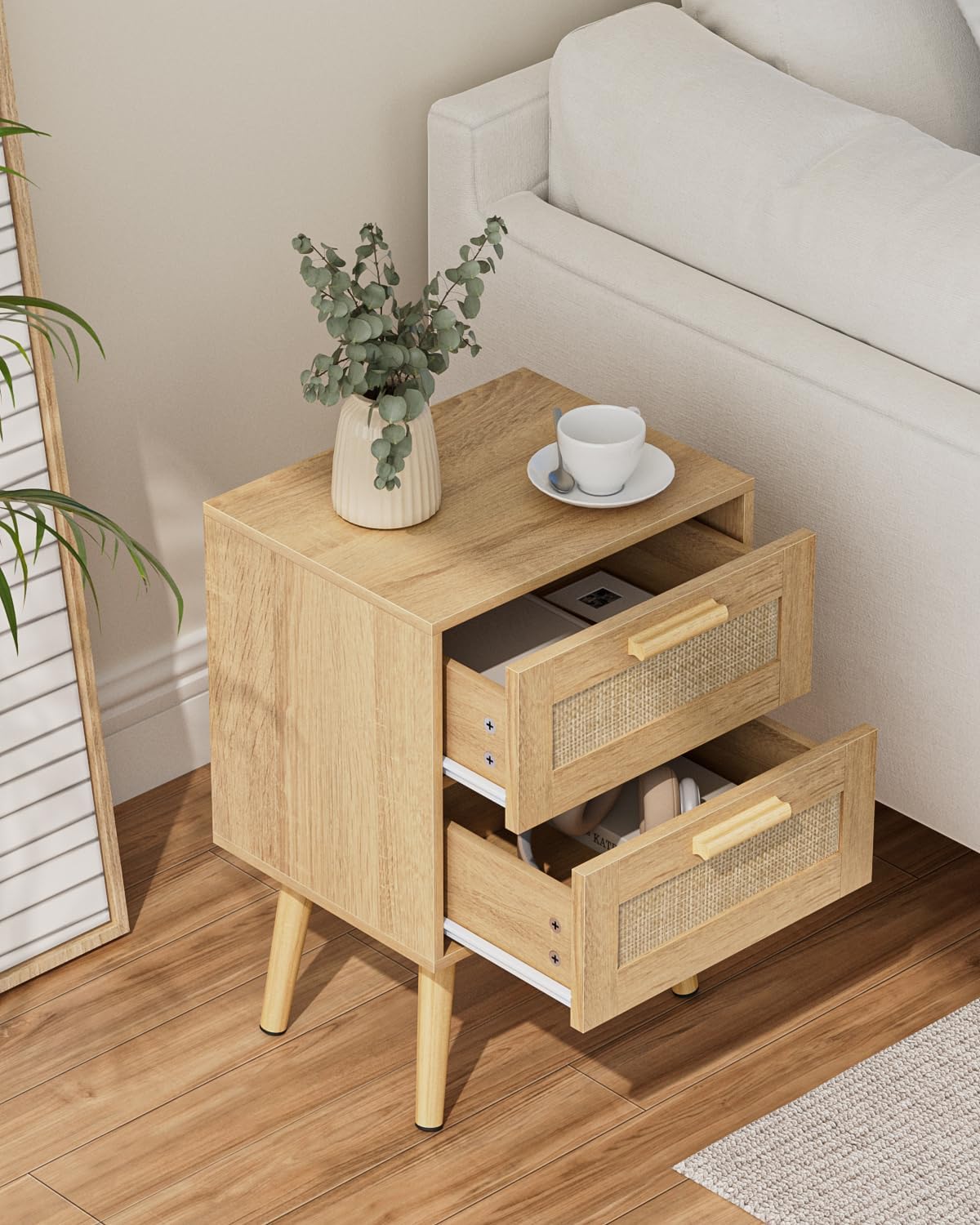 Masupu Rattan Night Stand,Modern nightstand Boho Bedside Table with 2 Drawer,Small End Side Table for Bedroom,Living Room,Office,Natural