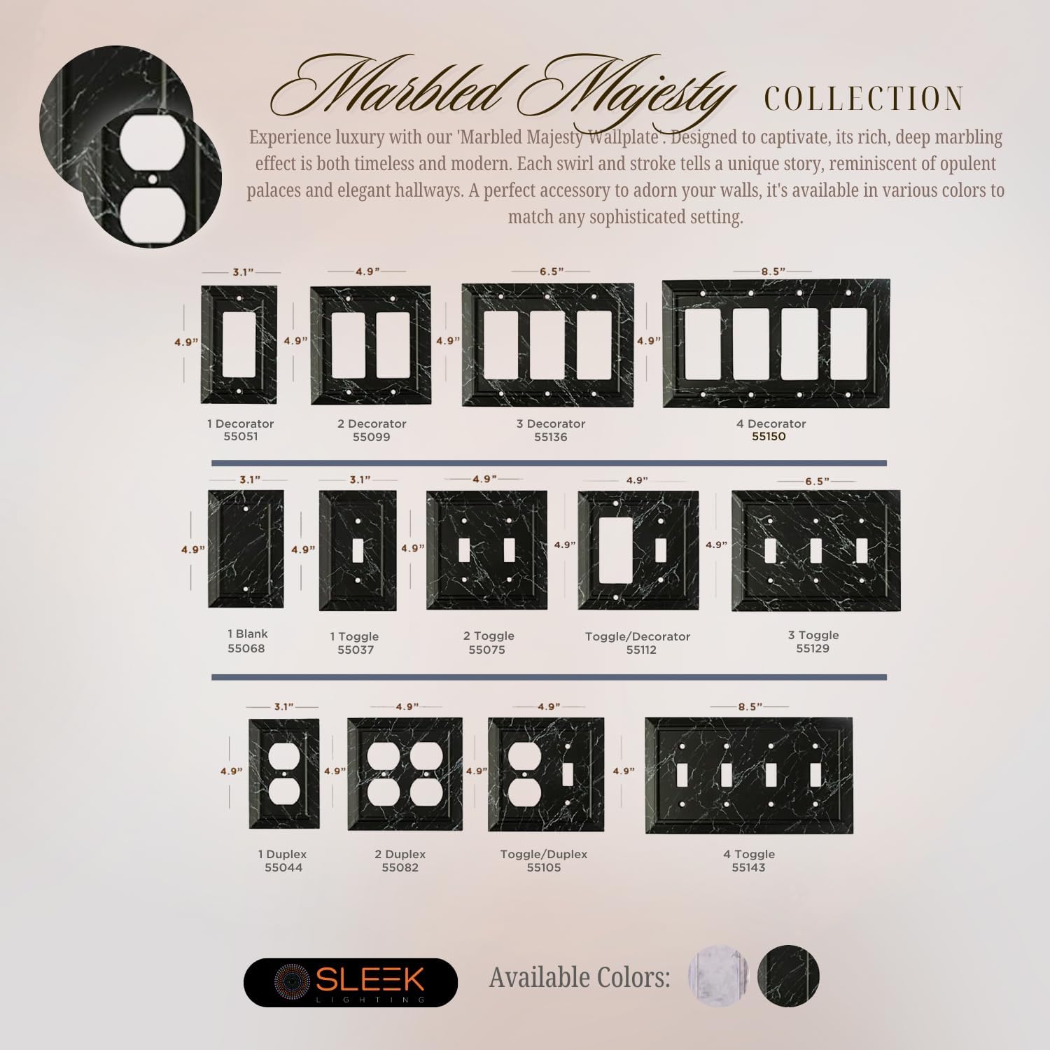 Pack of 2 Wall Plate Outlet Switch Covers by SleekLighting Classic Black Marble Architecture Wall plates| Variety of Styles: Decorator/Duplex/Toggle/Blank/& Combo | Size (1 Duplex)