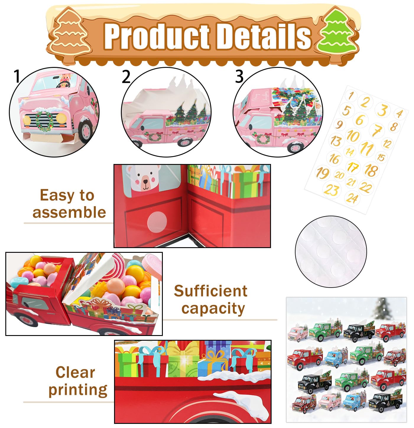 HEIPINIUYE 24 leere Adventskalenderboxen zum Selbstbefüllen, DIY leere Weihnachts-Countdown-Kalender 2025 befüllbare Adventskalenderbox für Kinder Erwachsene Xmas Truck Kalender Geschenkboxen