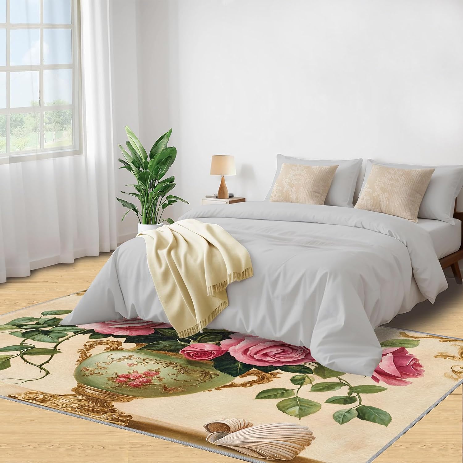 Pink Peony Living Room Rugs, Classic Floral Area Rugs 2x3 Rug Baroque Style Non-Slip Washable Rugs Stain Resistant Rug Low-Pile Throw Rug for Bedroom Dining Room Office