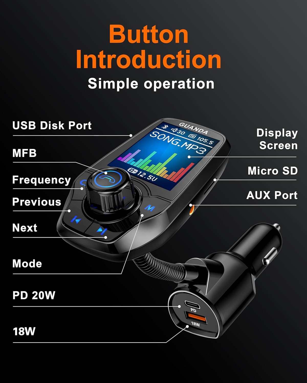 Upgraded Bluetooth FM Transmitter for Car, Wireless Radio Adapter Kit W 1.8" Color Display Hands-Free Call AUX in/Out SD/TF Card USB Charger PD 20W for All Smartphones Audio Players - Black