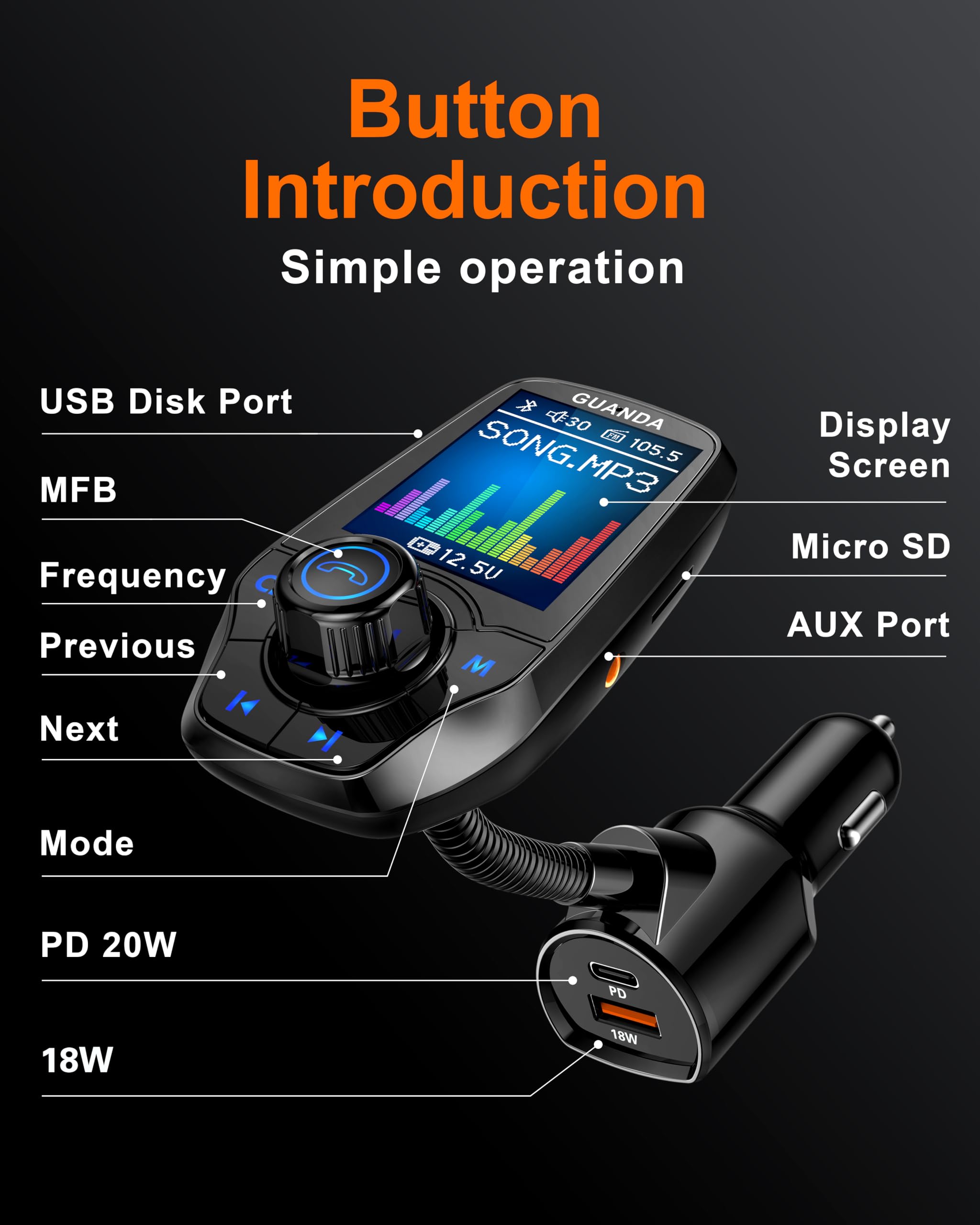 Bluetooth FM Transmitter Auto, Kabelloses Radio Auto Adapter mit 1,8'' Farbdisplay, Freisprechfunktion, AUX-Eingang/Ausgang, SD/TF-Karte, 3 Port USB PD 20W Ladegerät, 5 EQ Modi, 4-in-1 Car MP3 Player